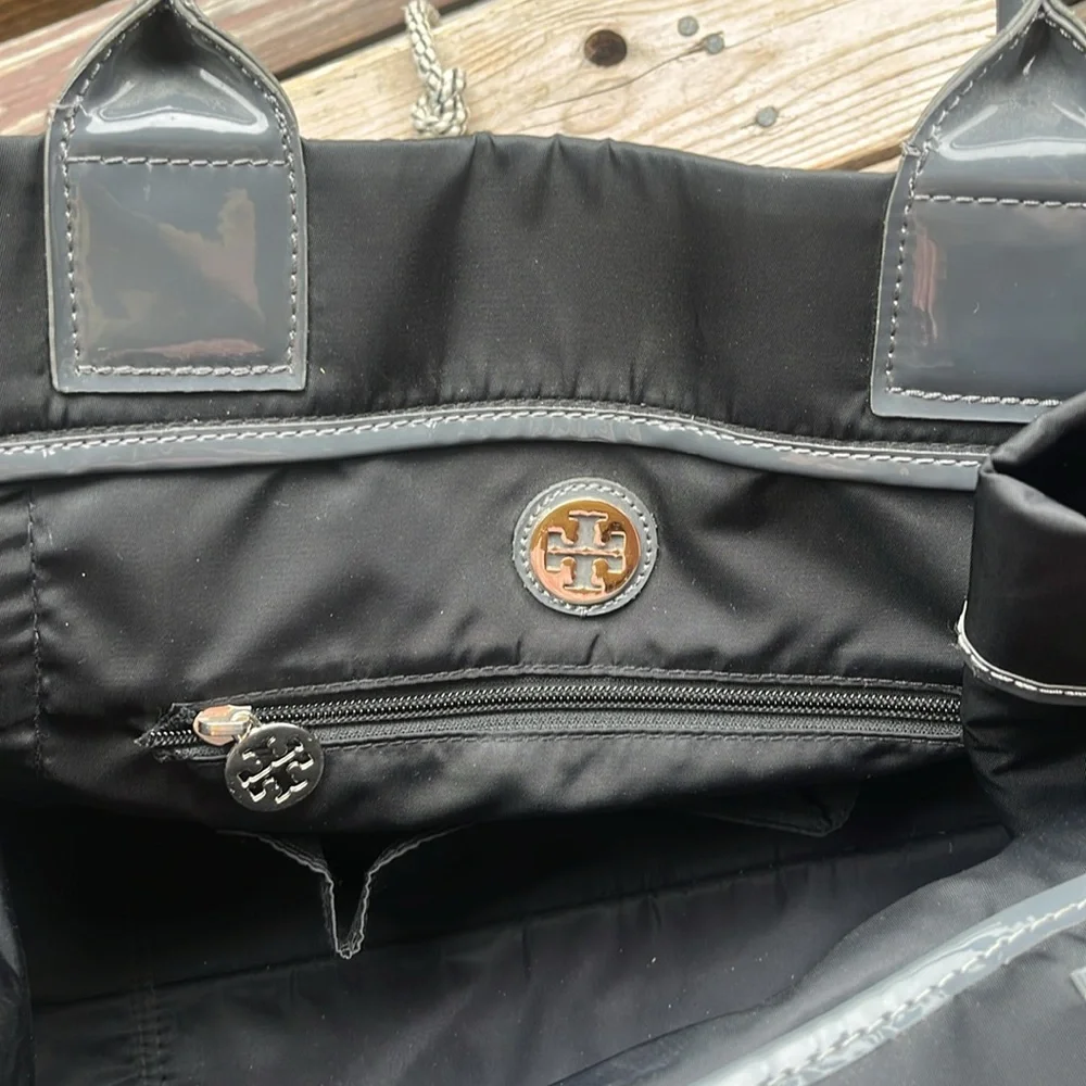 Tory Burch Ella Tote - Large Black Nylon Shoulder Bag with Patent Logo